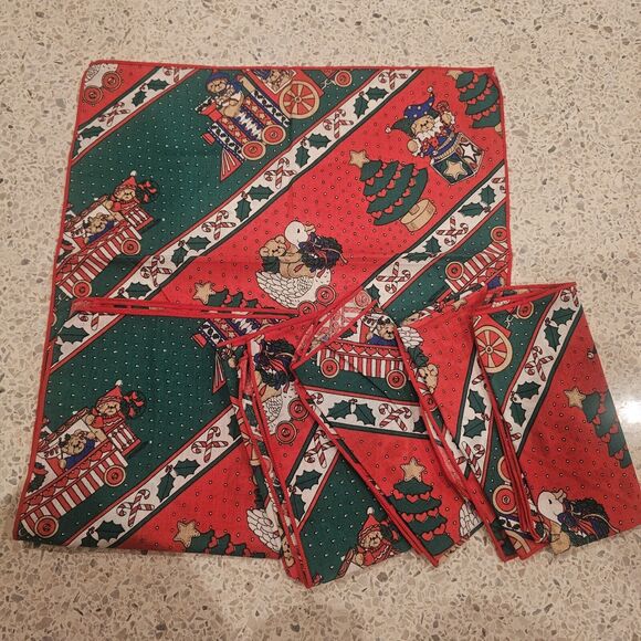1986 Lucy Rigg Tablecloth Christmas Teddy Bear Train 50x68" & 6 Napkins Set VTG - Picture 5 of 7